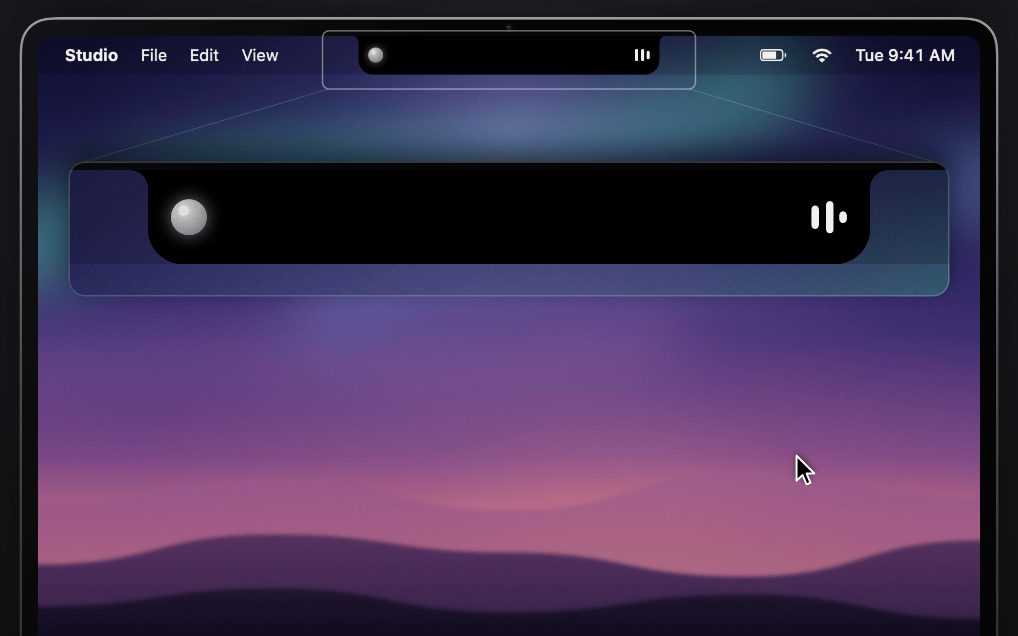 The MacBook notch with Otto tucked away inside it, a breathing orb and three equalizer bars showing a reply is still arriving